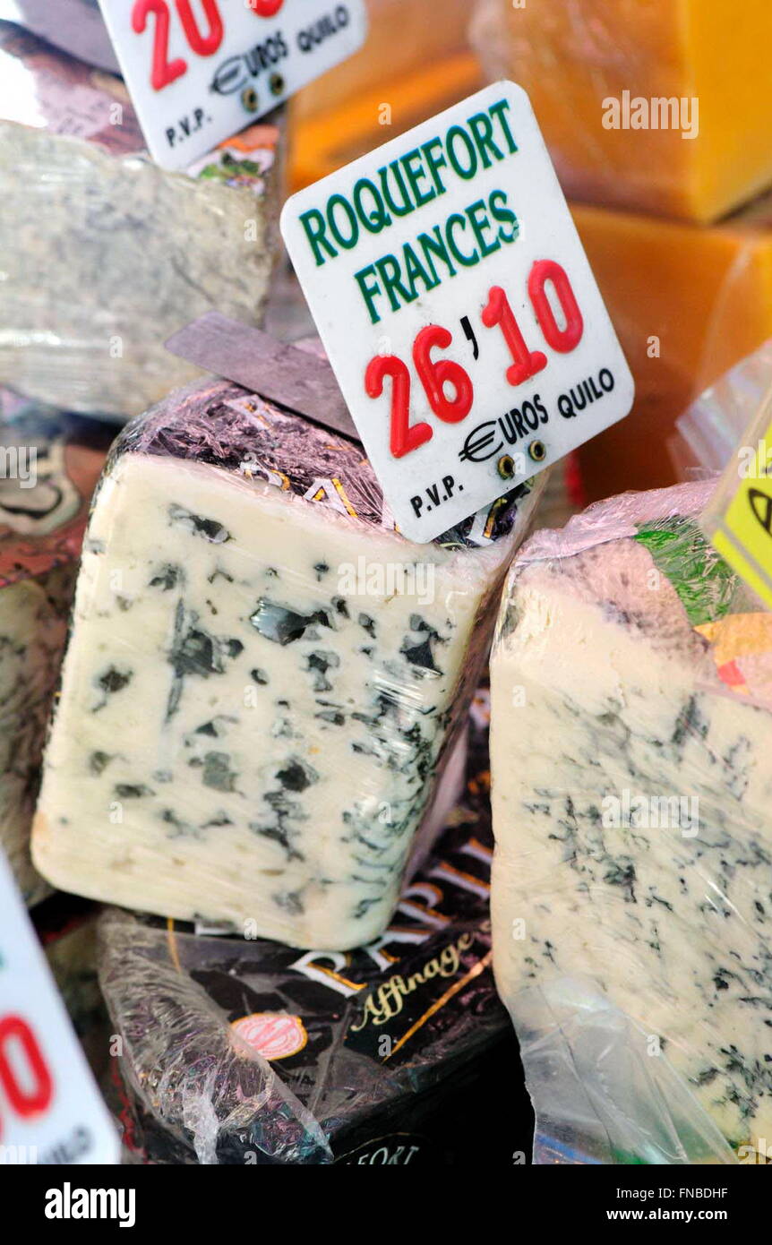 Cheeses for sale. La Boqueria market, Barcelona. Catalonia, Spain Stock Photo