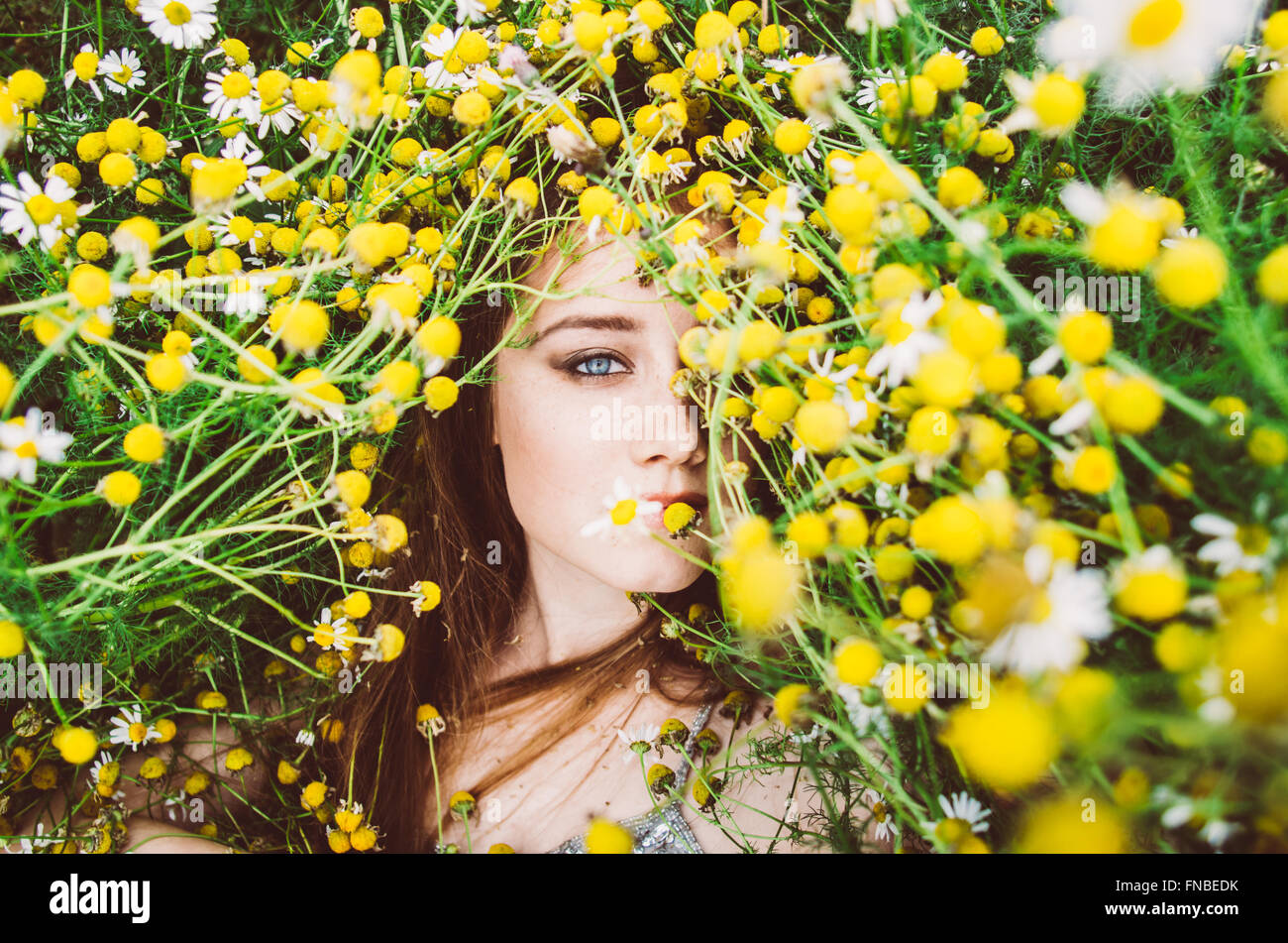 Portrait of young girl in chamomile field Stock Photo - Alamy