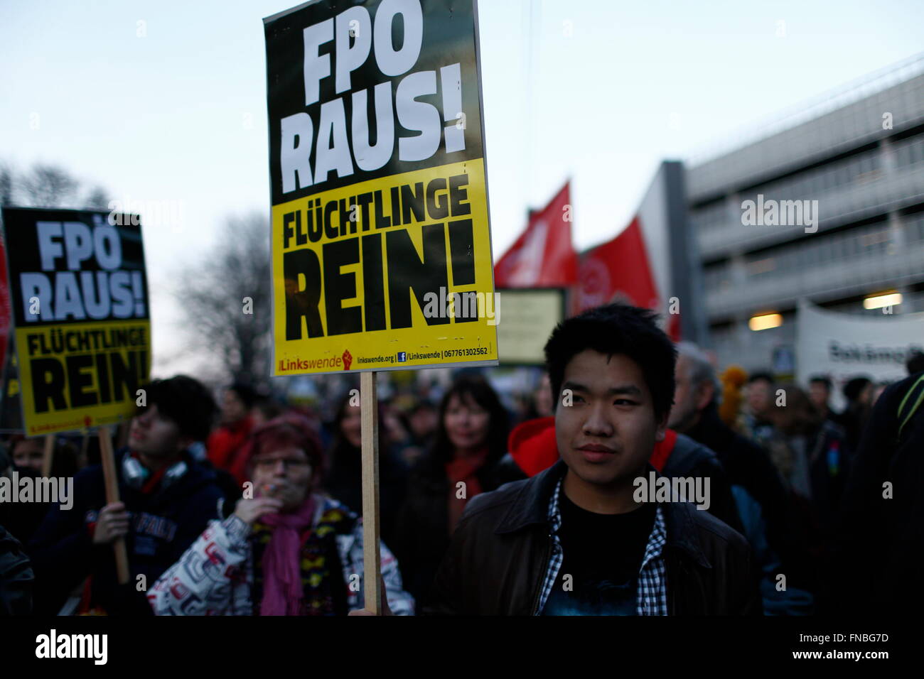 Vienna, Austria. 14th March, 2016. Demonstrators protest a rally being held by the far-right Freedom Party of Austria (FPÖ) in the Liesing suburb of Vienna, Austria. Liesing is the site of a refugee housing centre, drawing anger from supporters of the anti-immigrant FPÖ. Credit:  David Cliff/Alamy Live News Stock Photo