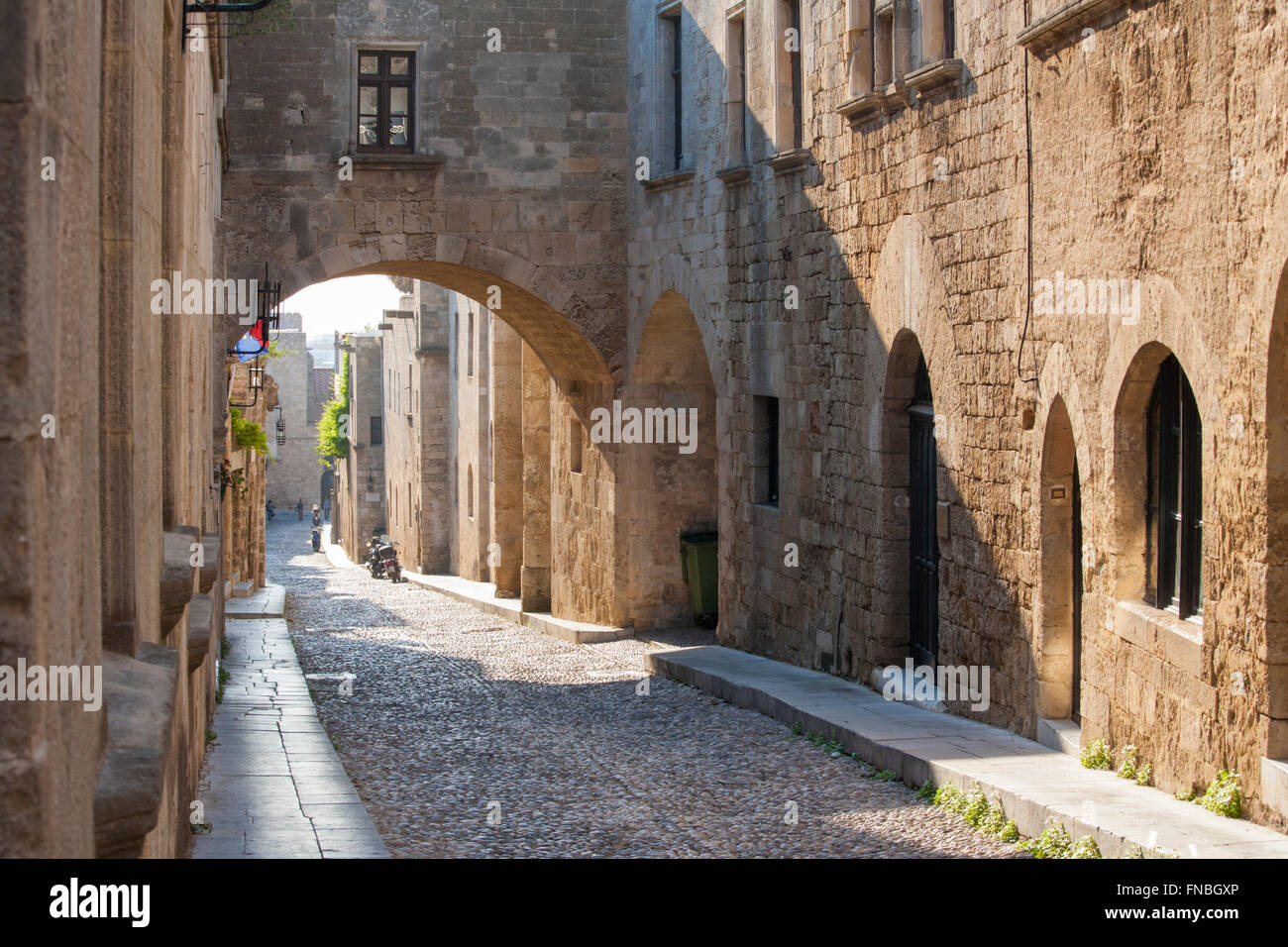 Rhodes Town, Rhodes, South Aegean, Greece. View down historic Odos Ippoton, early morning. Stock Photo