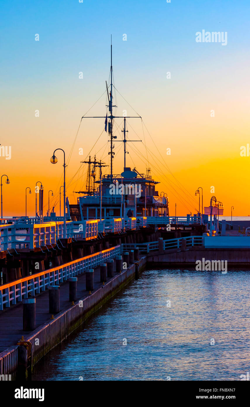 Sunrise at the wooden pier (molo) in Sopot, Poland Stock Photo