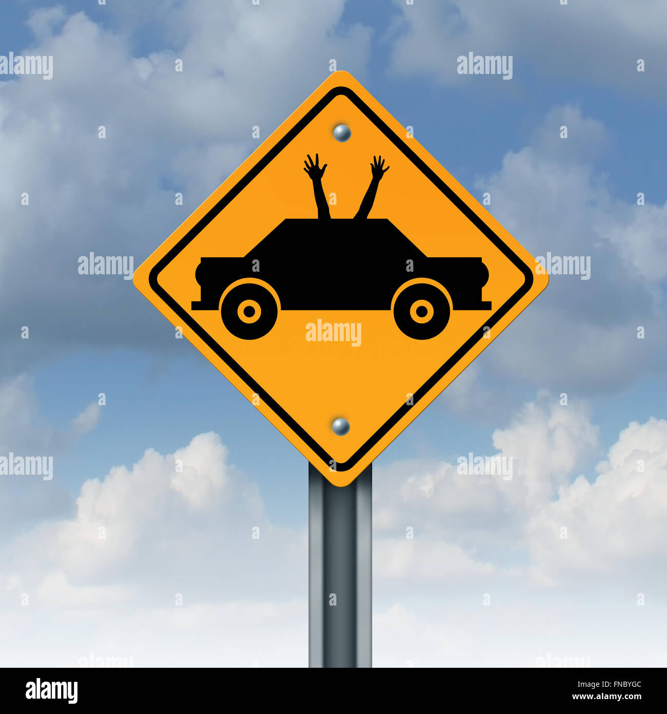 Autonomous driving concept and driverless car safety system symbol as a road traffic sign as an automobile icon with human hands and arms waving up to the sky as a metaphor for hands free autopilot transportation technology. Stock Photo