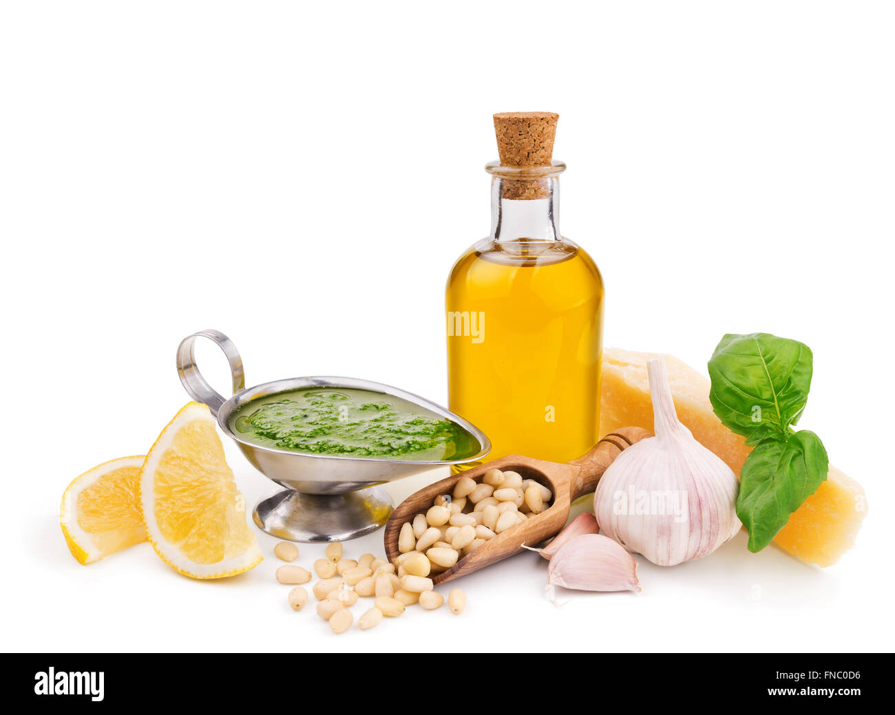 pesto sauce and its ingredients isolated on white Stock Photo