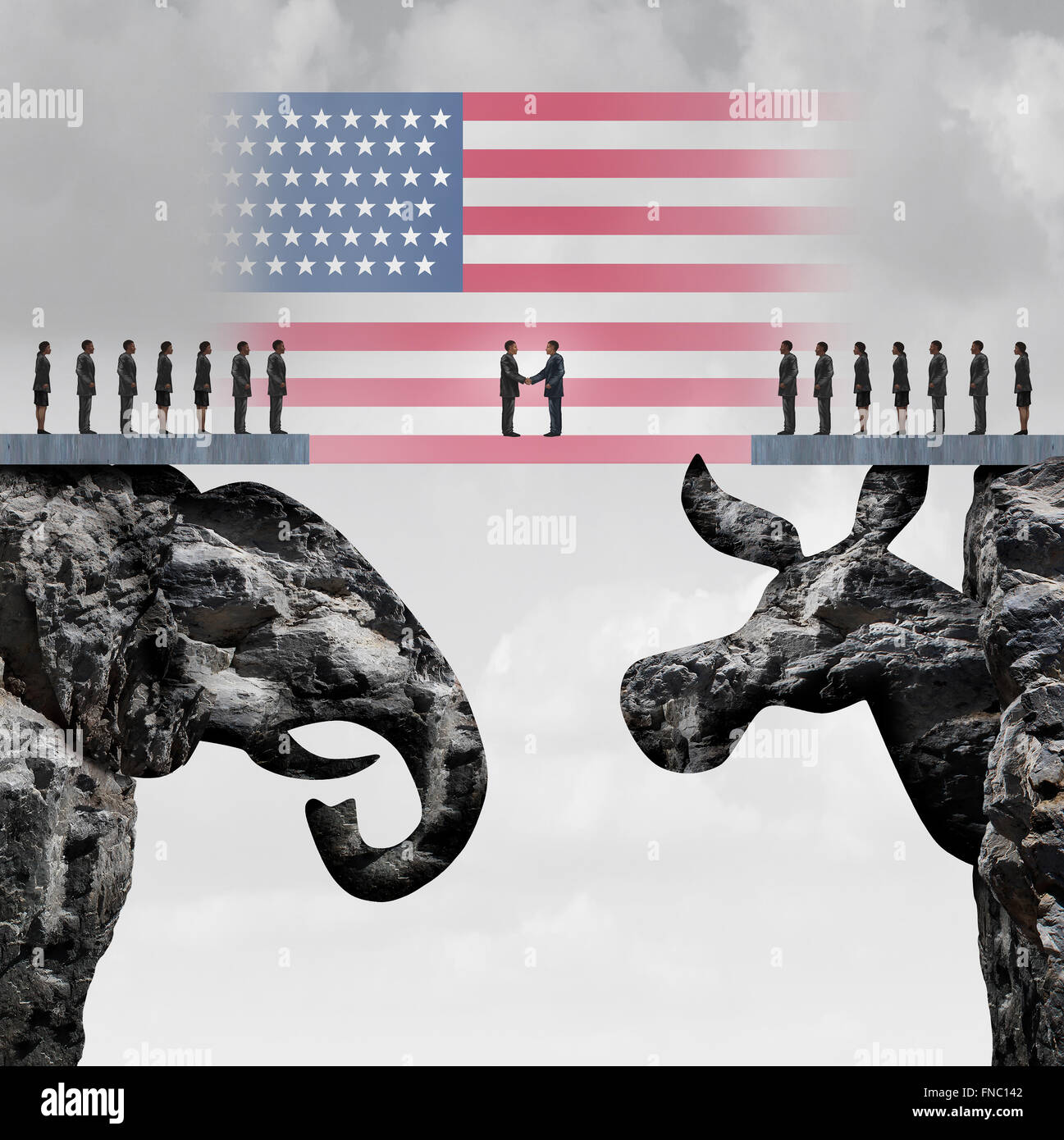 Bipartisan agreement between the republican and democrat organiization as a symbol for a two party system with a flag of the United States connecting two mountain cliffs shaped as an elephant and donkey. Stock Photo