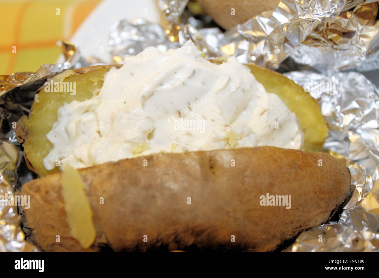 typical Bavarian dish, potato stuffed with cream of cheese Stock Photo