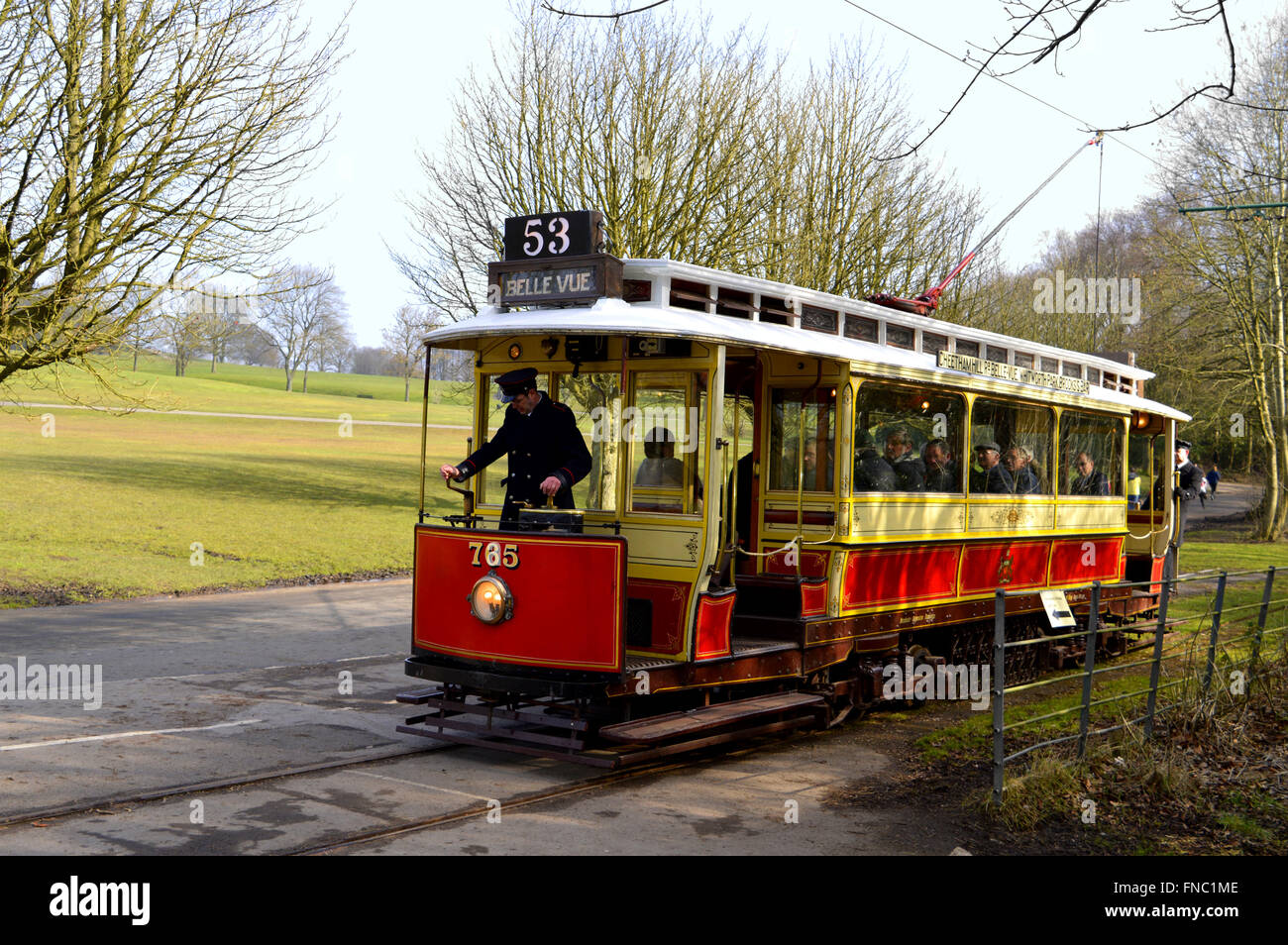 Tram number 765 being driven in Heaton Park. Stock Photo