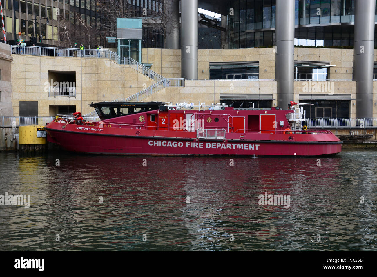 The Chicago Fire Dept. Boat Christopher Wheatley parked on the Chicago