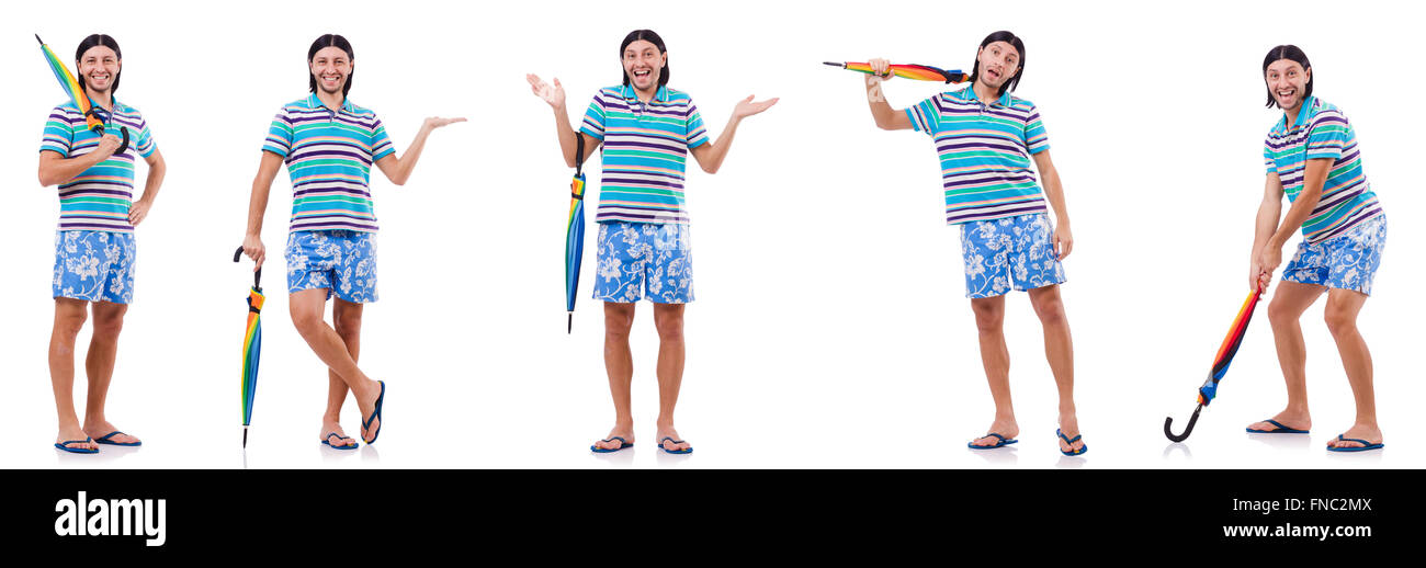 Positive man with colorful umbrella isolated on white Stock Photo - Alamy