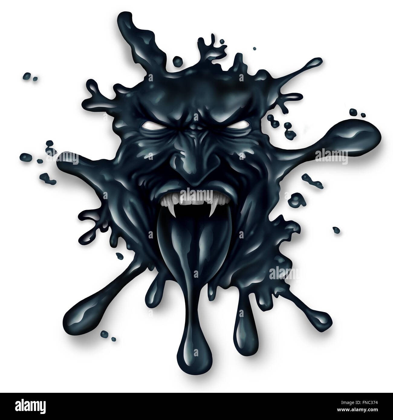 Scary oil spill splash as petroleum leaking with a monster face as a symbol for fossil fuel and crude energy fear concept on a white background. Stock Photo
