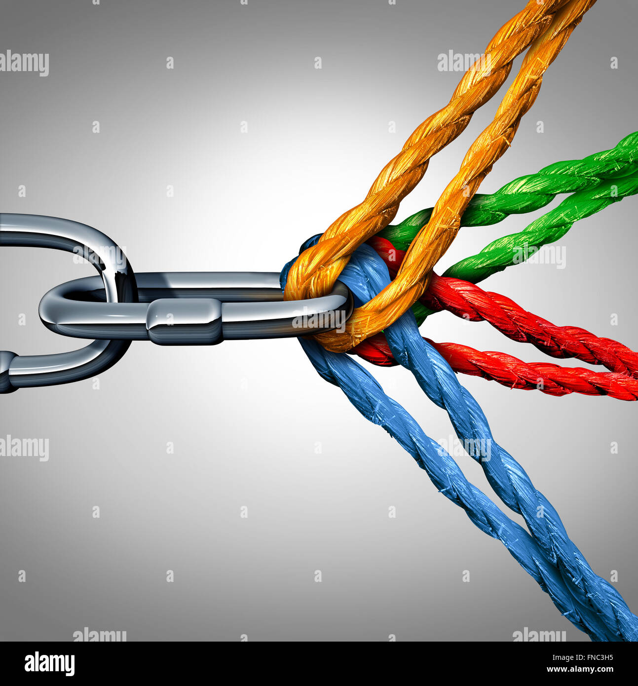 Concept of connection as a connected group symbol with different ropes tied and linked together pulling on a metal chain as an unbreakable link as a community trust and faith metaphor. Stock Photo