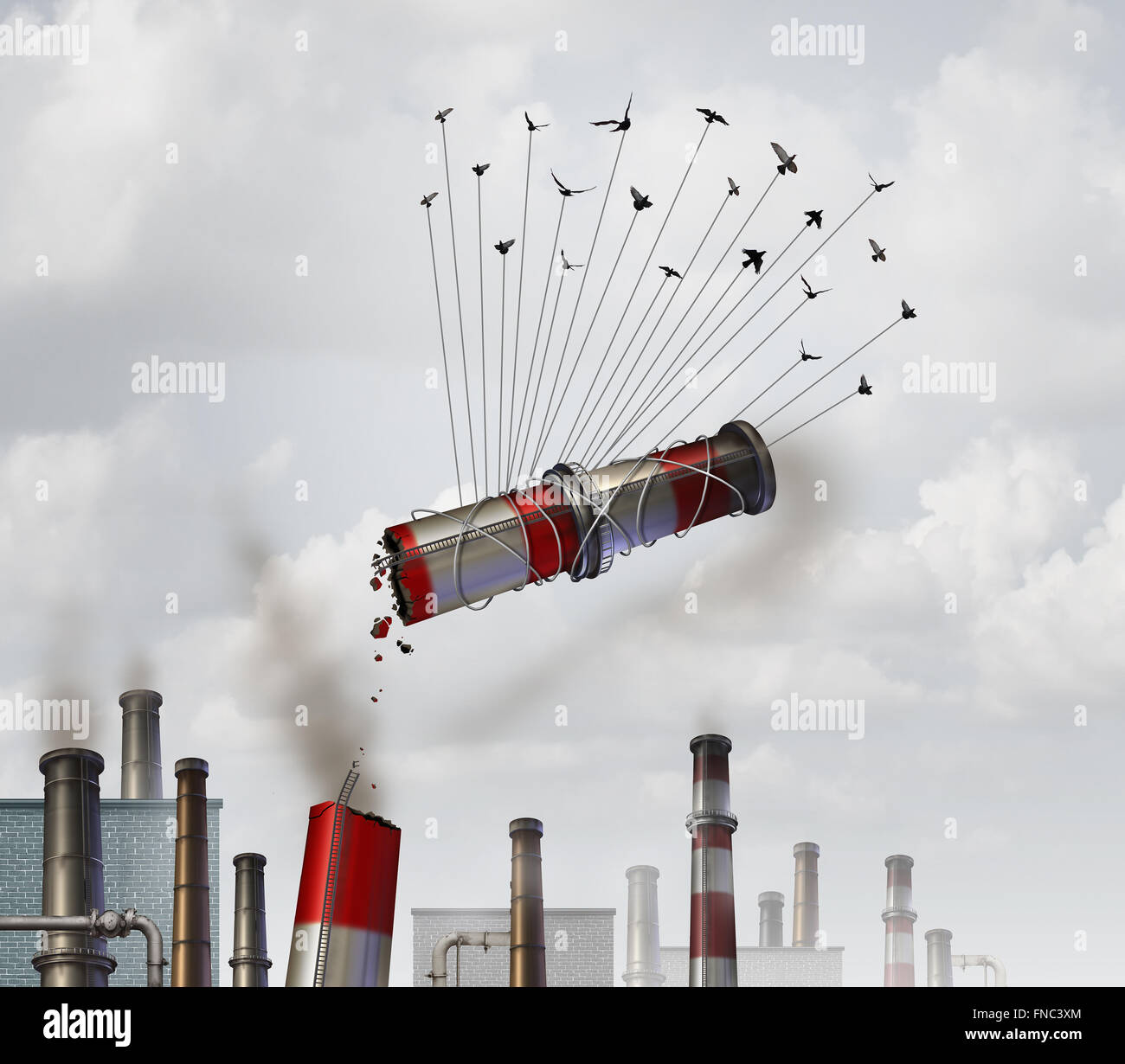 Clean the environment and emmission control environmental concept as a group of birds lifting up and removing an industrial smoke stack with dirty soot and smoke as a global climate change symbol for cleaning the air. Stock Photo