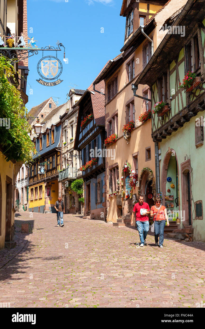 View timbered houses of Riquewihr, Alsace France, Stock Photo