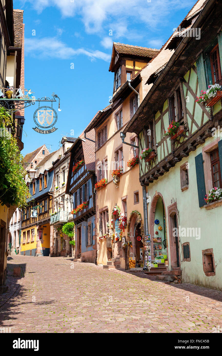View timbered houses of Riquewihr, Alsace France, Stock Photo