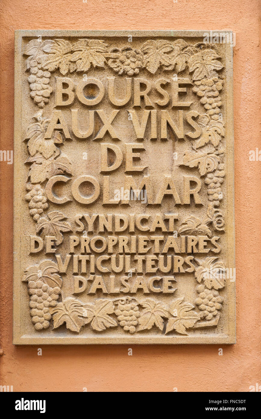 Sign at the House of heads, Maison des Tetes of Colmar  Alsace France Stock Photo