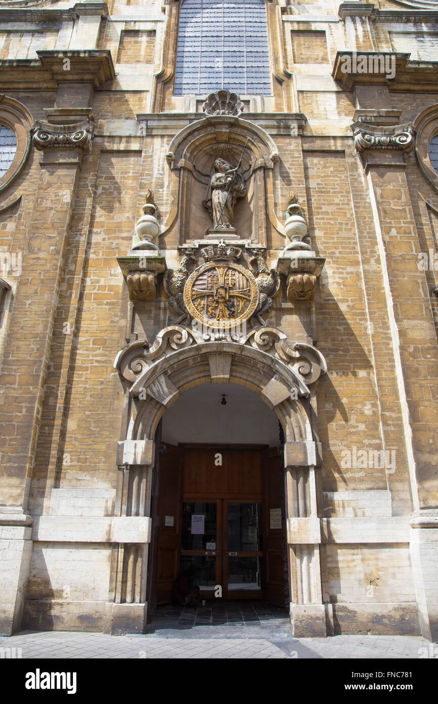 BRUSSELS, BELGIUM - JUNE 15, 2014: The baroque portal of church Notre Dame du Bon Secource, 17th century. Stock Photo
