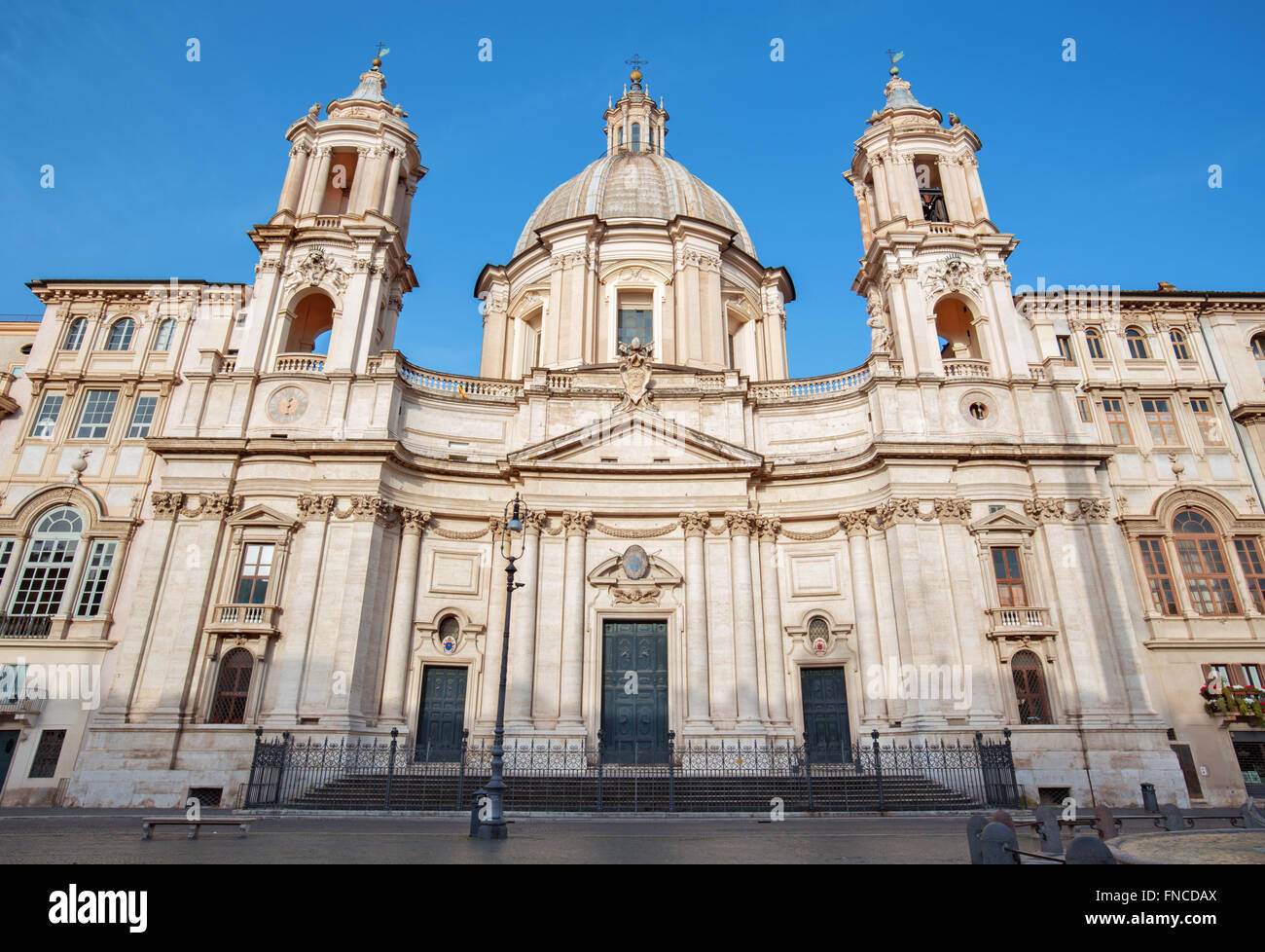 Rome - Piazza Navona and baroque Santa Agnese in Agone church in morning light, by architects F. Brromini and G. L. Bernini. Stock Photo