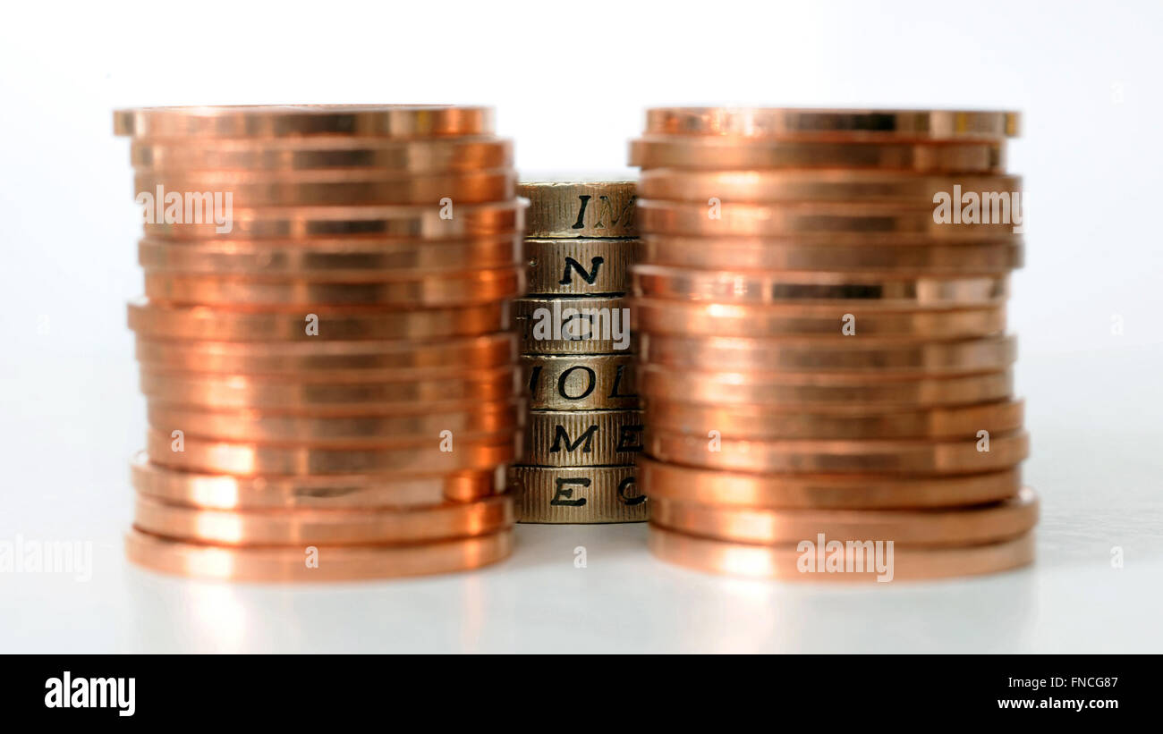 STACK OF ONE POUND COIN EDGE LETTERS SPELLING 'INCOME' RE INCOMES PENSIONS JOBS WAGES THE NATIONAL LIVING WAGE STATE PENSION UK Stock Photo