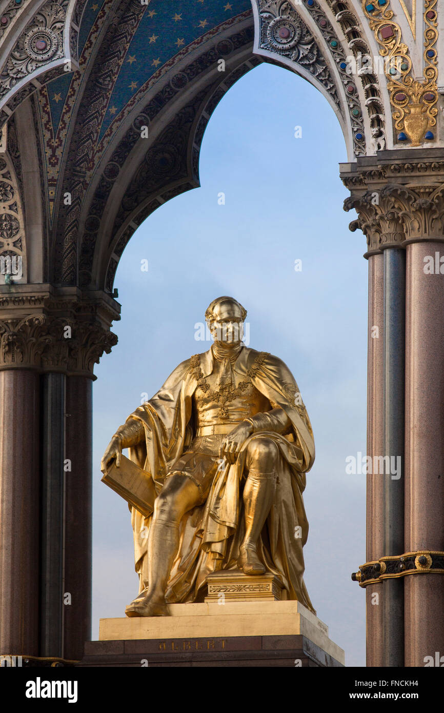 The gilded sculpture of Prince Albert, husband of Queen Victoria,is the focus of the Albert Memorial in Kensington, London, UK. Stock Photo