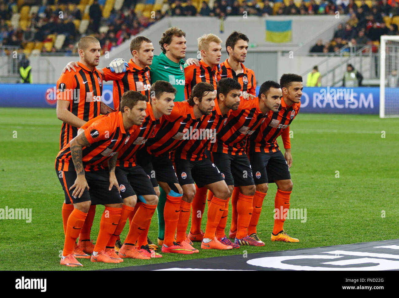 FC Shakhtar Donetsk players pose for a group photo before the UEFA Europa League Round of 16 game against RSC Anderlecht Stock Photo