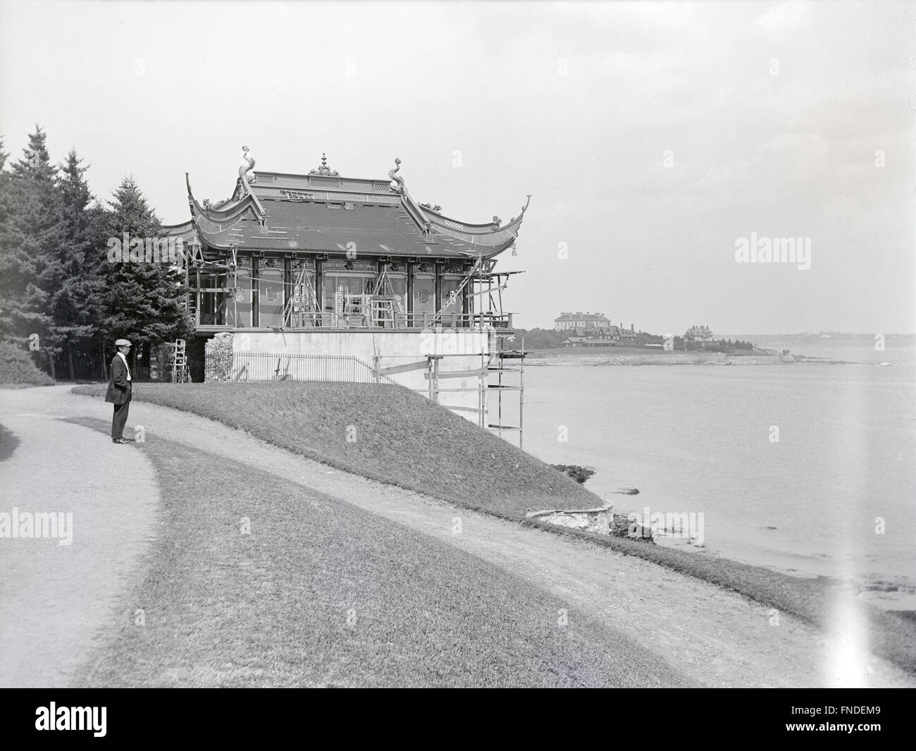 Antique c1912 photograph, the Chinese Tea House at Marble House in Newport, Rhode Island, built by Alva Vanderbilt Belmont in 1912. SOURCE: ORIGINAL PHOTOGRAPHIC NEGATIVE. Stock Photo