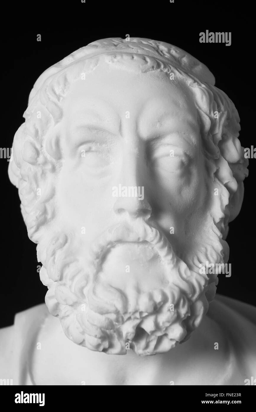White marble bust of the greek poet Homer isolated on black Stock Photo