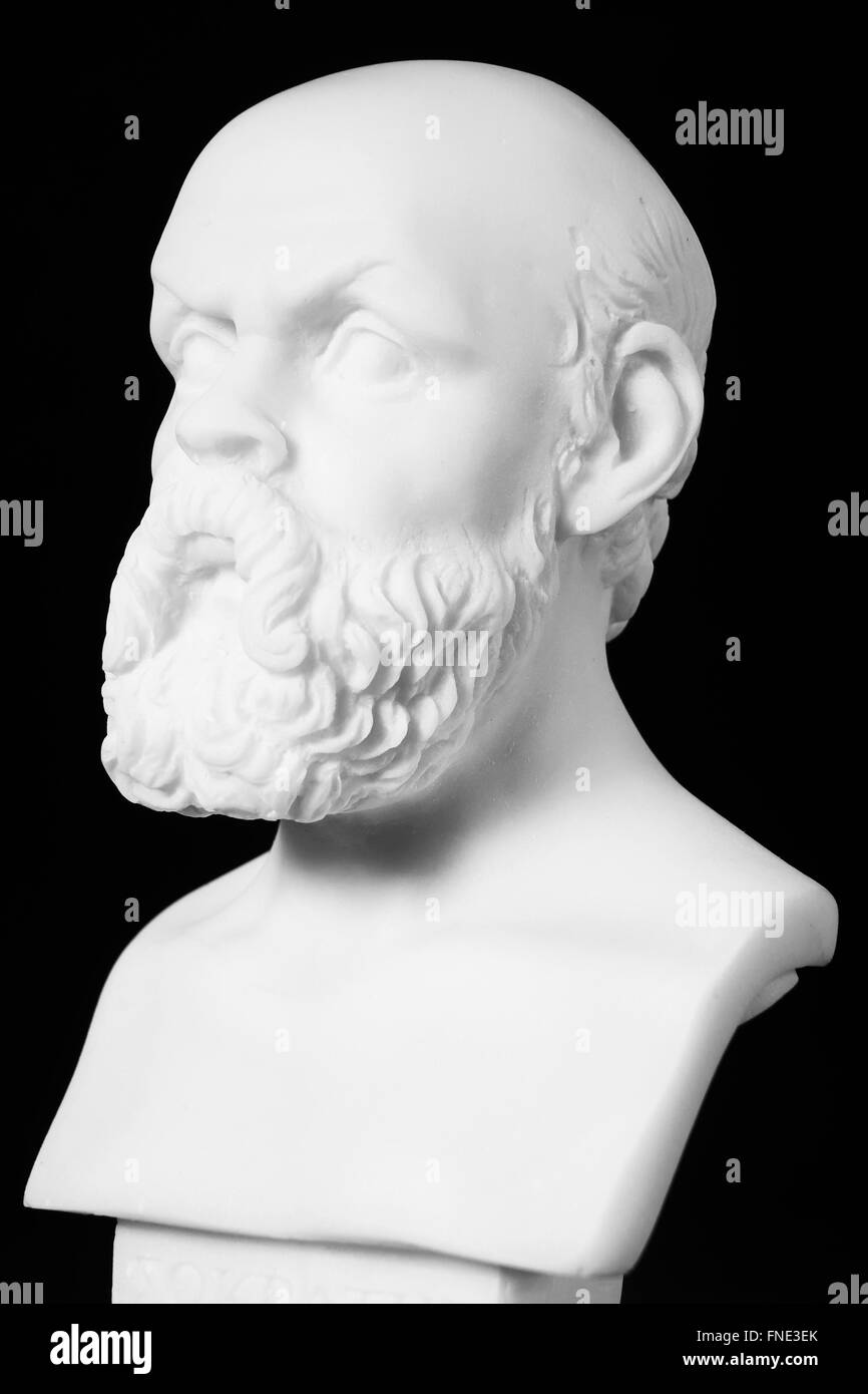 White marble bust of the greek philosopher Socrates, isolated on black