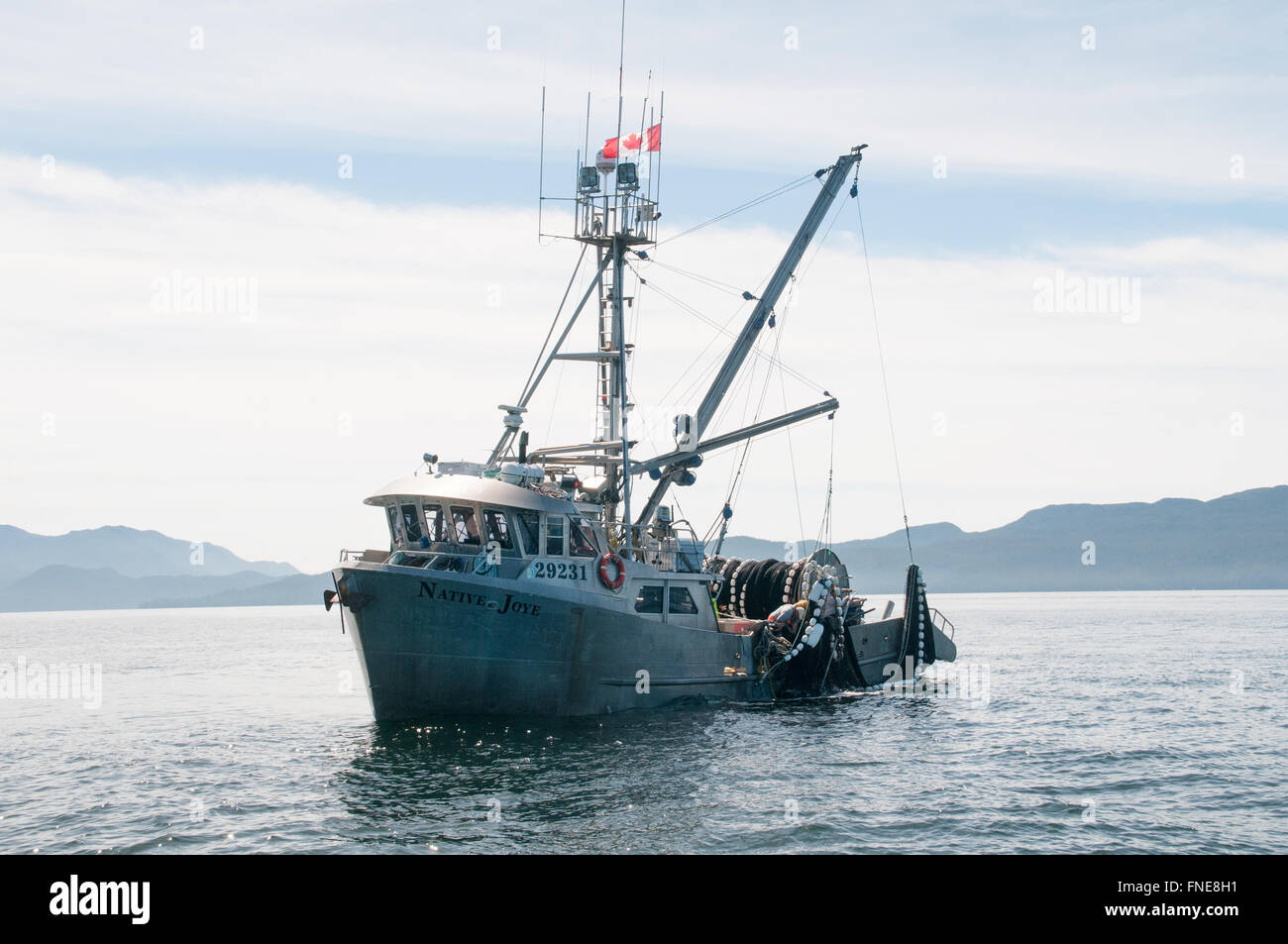 A wild salmon gillnet fishing boat in the Great Bear Rainforest region on the North Pacific coast of British Columbia, Canada. Stock Photo