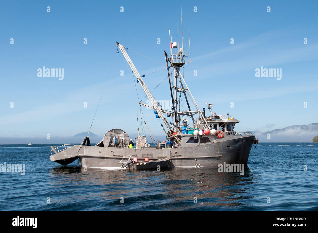 A wild salmon gillnet fishing boat in the Great Bear Rainforest region on the North Pacific coast of British Columbia, Canada. Stock Photo