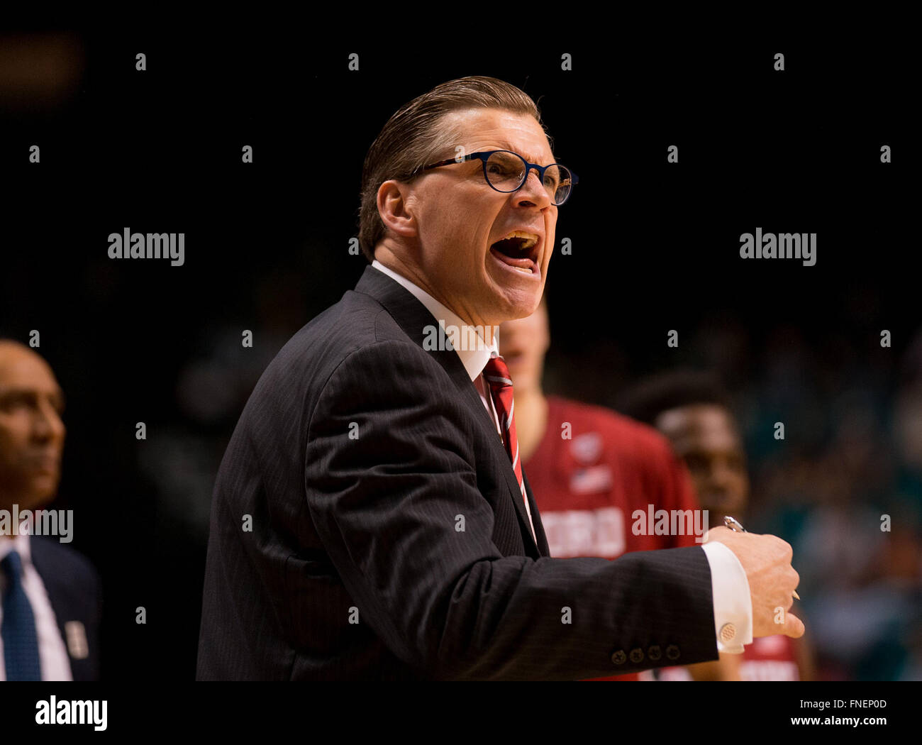 Las Vegas, NV, USA. 09th Mar, 2016. Stanford Cardinal assistant coach Tim O'Toole tries to fire up his team during the game between the Washington Huskies vs the Stanford Cardinal at the MGM Grand in Las Vegas, Nevada. Washington defeated Stanford 91-68.(Mandatory Credit: Juan Lainez/MarinMedia/Cal Sport Media) © csm/Alamy Live News Stock Photo