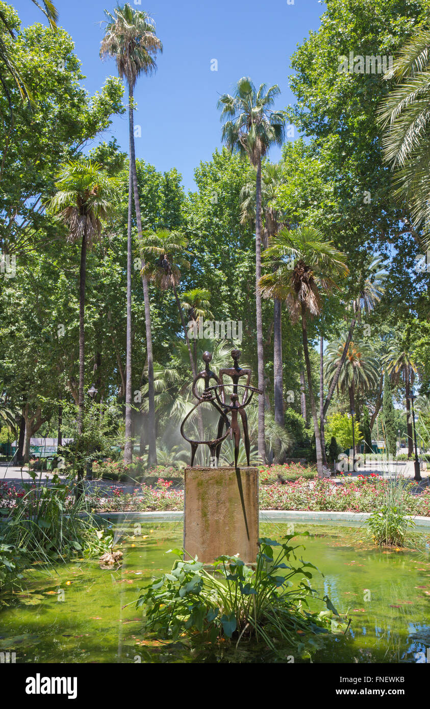 CORDOBA, SPAIN, 2015: The fountain 'Agricultor, Agricultura, y Progreso' Jose Carrilero (1964) in Jardines de la Agricultura. Stock Photo