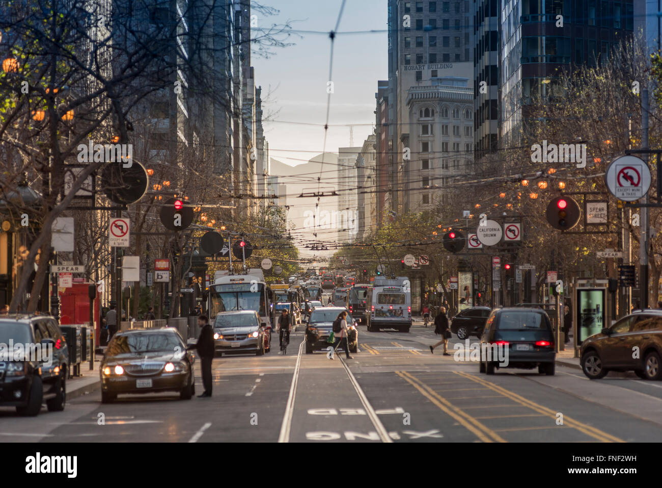 Market Street, San Francisco, CA, USA, from the northern end at the junction with Steuart Street looking south. Stock Photo