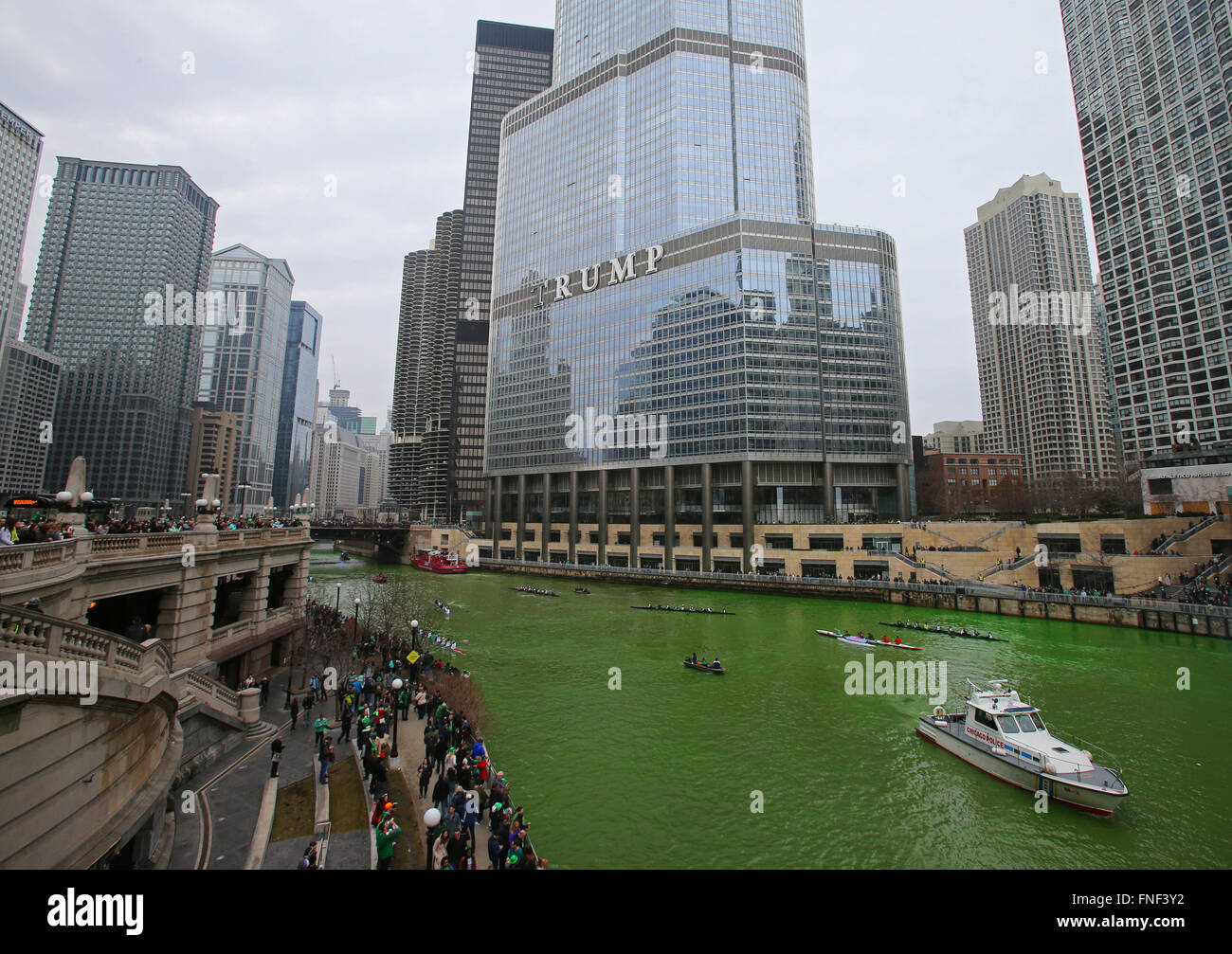 The Chicago River is dyed green by members of the plumbers union in honor of St. Patrick's Day Stock Photo