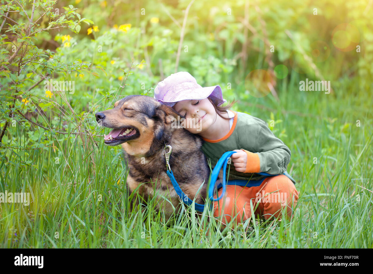 Happy little girl sleeping with dog on the grass Stock Photo - Alamy