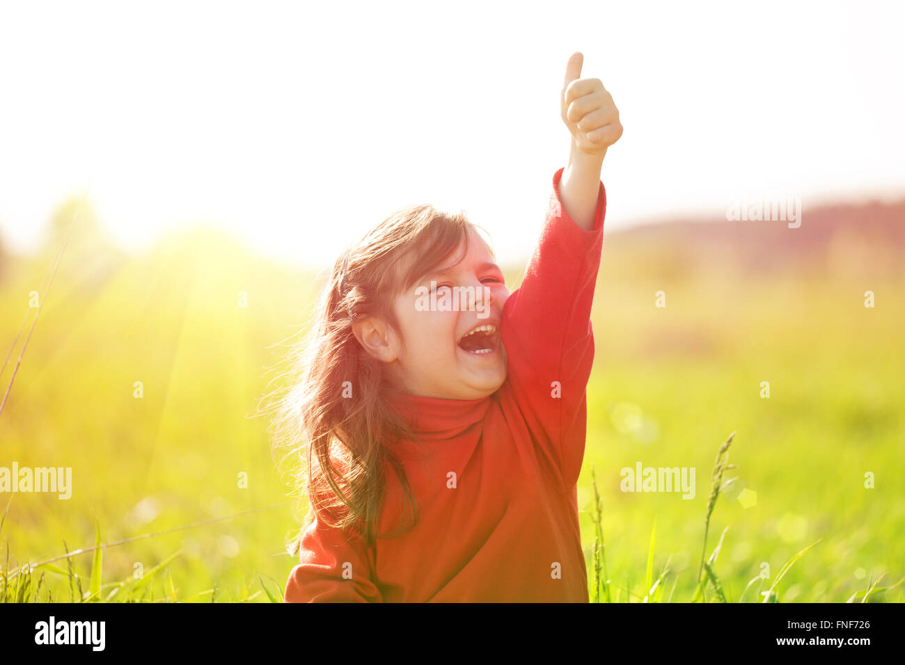Happy little girl with hand up on the meadow in sunny day Stock Photo ...