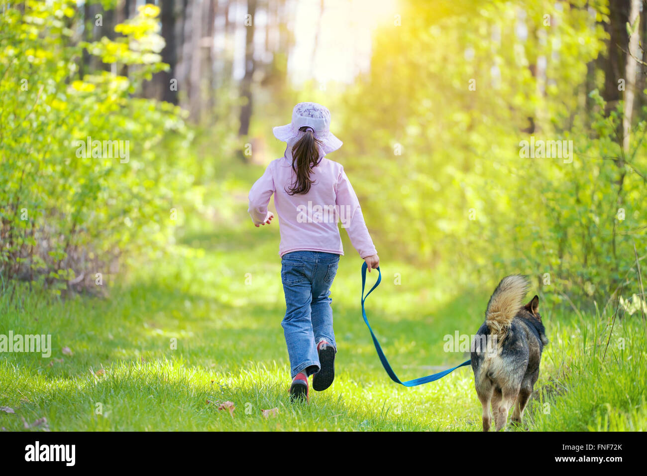 Little girl running with dog in the forest back to camera Stock Photo
