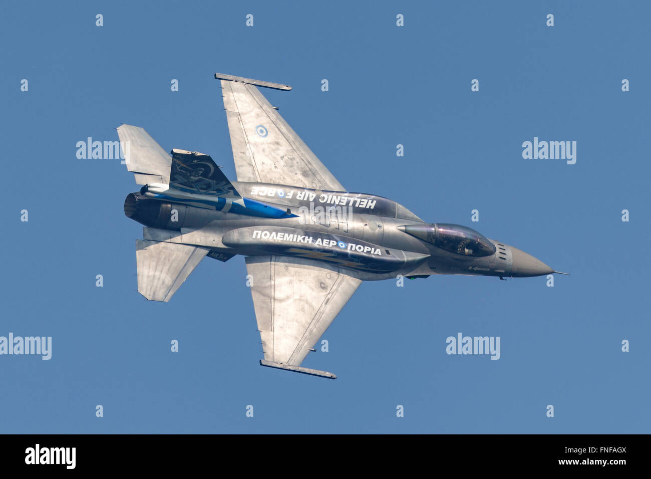 Lockheed Martin F-16 Fighting Falcon marked in the special colours of the “Zeus” display team from the Hellenic Air Force. Stock Photo