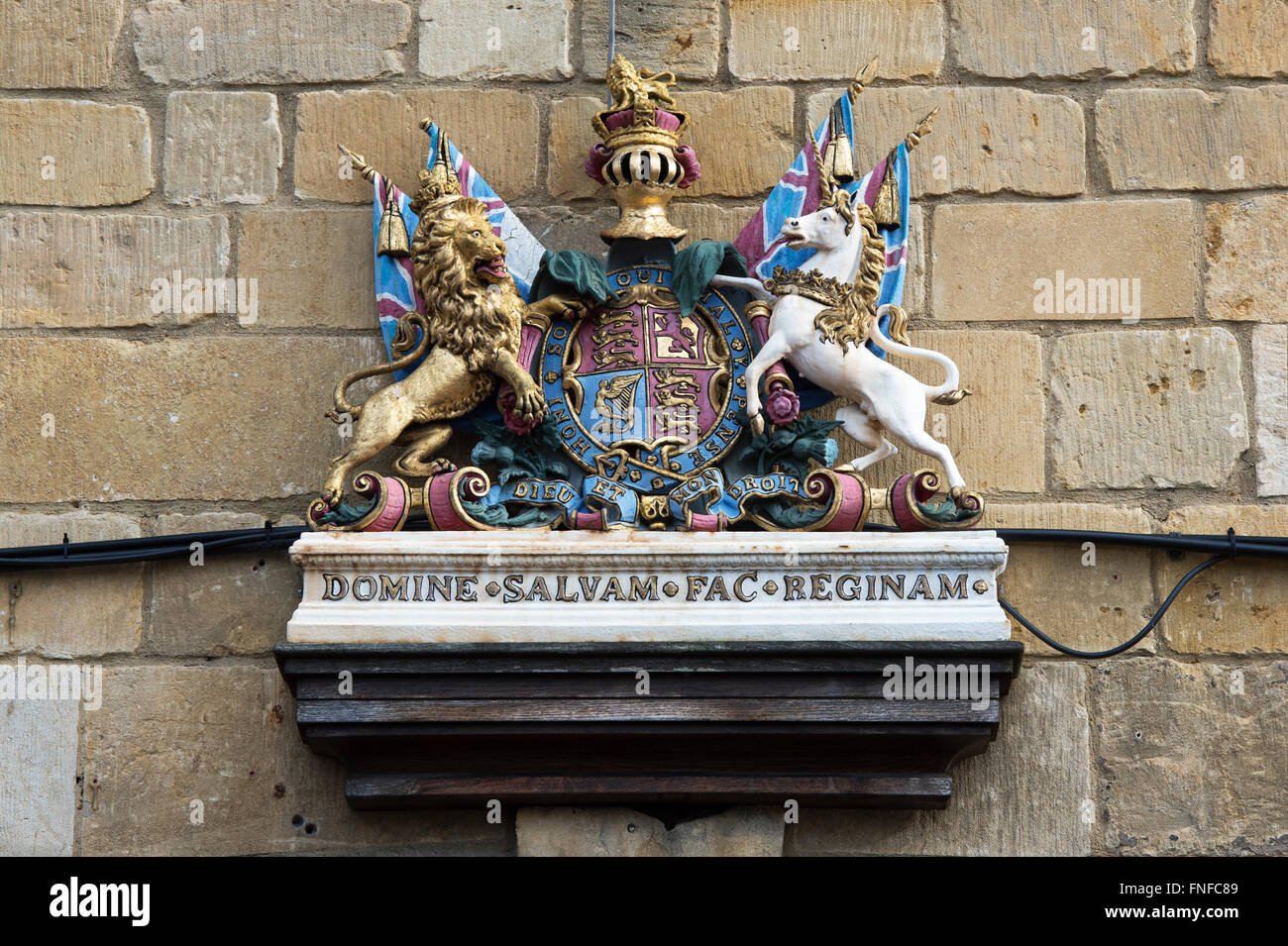 Heraldic coat of arms on the White Hart Royal Hotel in Moreton in Marsh, Cotswolds, Gloucestershire. UK Stock Photo