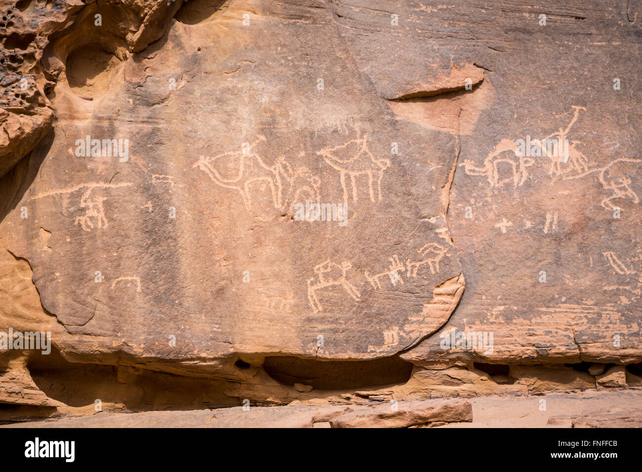 Petroglyphs in the rock in the Wadi Rum desert of southern Hashemite Kingdom of Jordan, Middle East. Stock Photo
