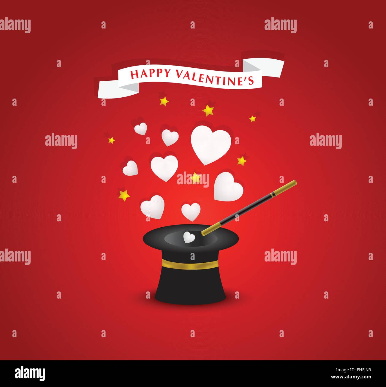 Happy Valentines postcard with hearts coming out of the hat magician Stock Vector