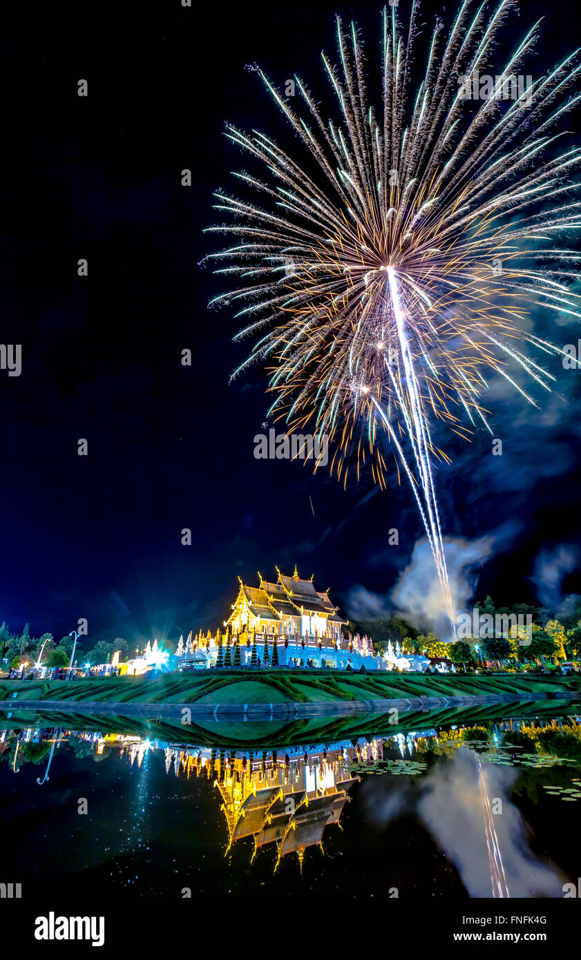 Firework in a night sky on Daddy Day (Father's day) at Royal Park Rajapruek, Chiangmai,Thailand Stock Photo