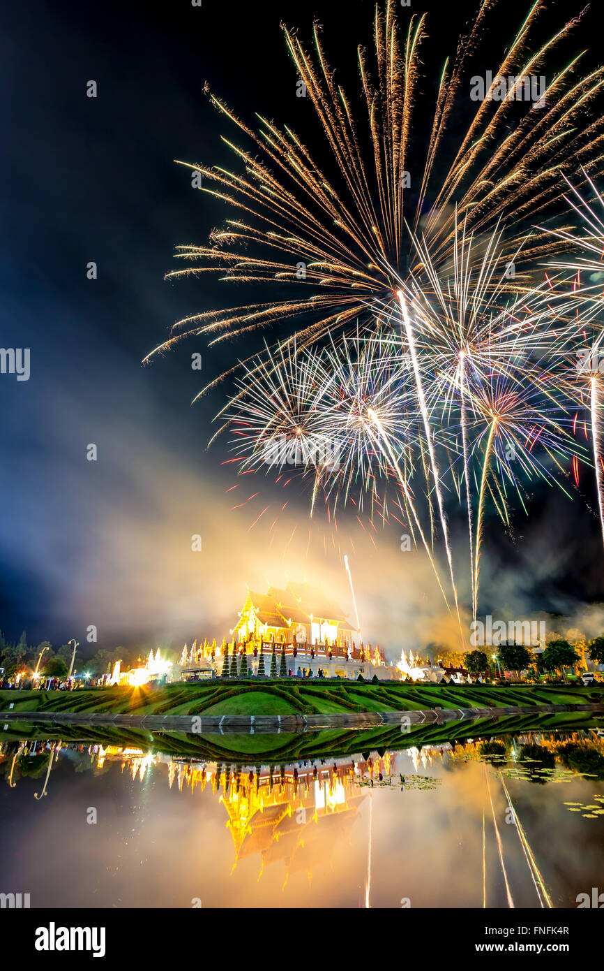Firework in a night sky on Daddy Day (Father's day) at Royal Park Rajapruek, Chiangmai,Thailand Stock Photo