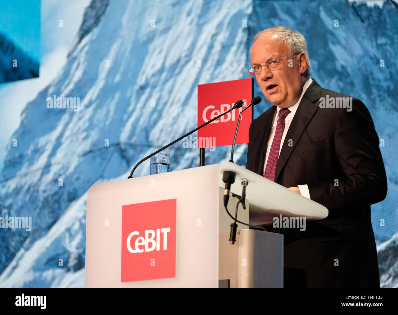 Hanover, Germany. 14th Mar, 2016. Swiss President Johann Schneider-Ammann speaking during the Welcome Night for the CeBIT fair in Hanover, Germany, 14 March 2016. PHOTO: PETER STEFFEN/DPA/Alamy Live News Stock Photo