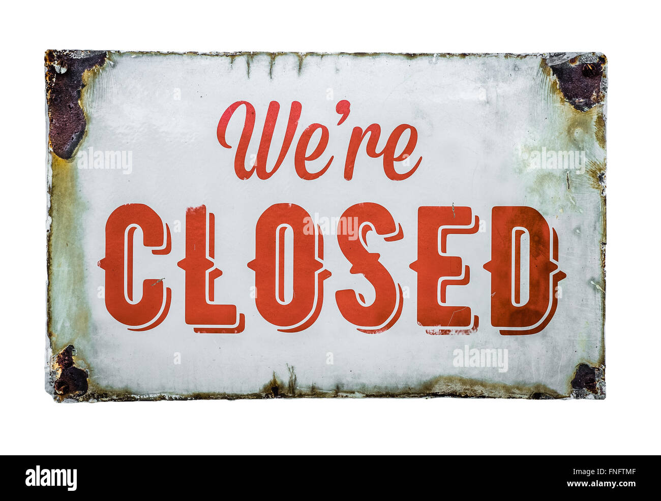 Vintage Rusty White Metal We're Closed Sign Stock Photo