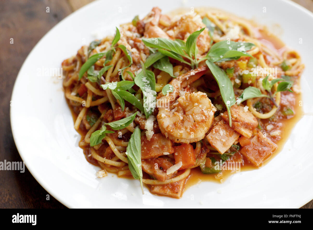 delicious spaghetti with spicy prawn and ham Stock Photo
