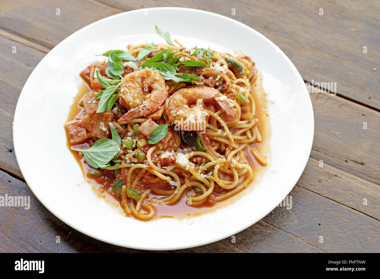 delicious spaghetti with spicy prawn and ham Stock Photo