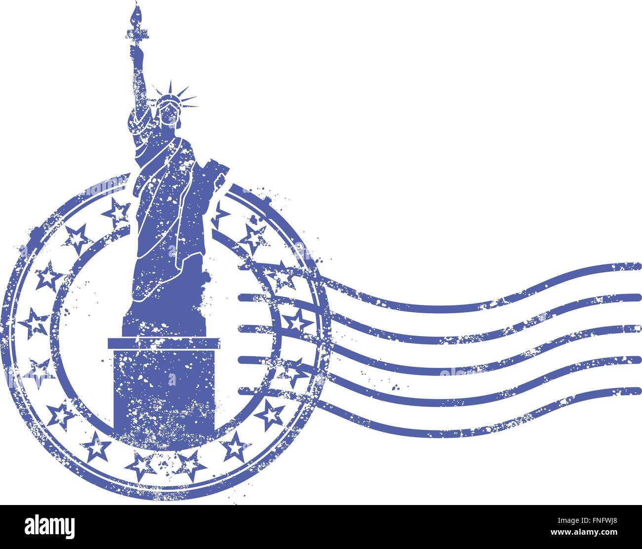 Grunge round stamp with Statue of Liberty - landmark of New York and USA Stock Vector
