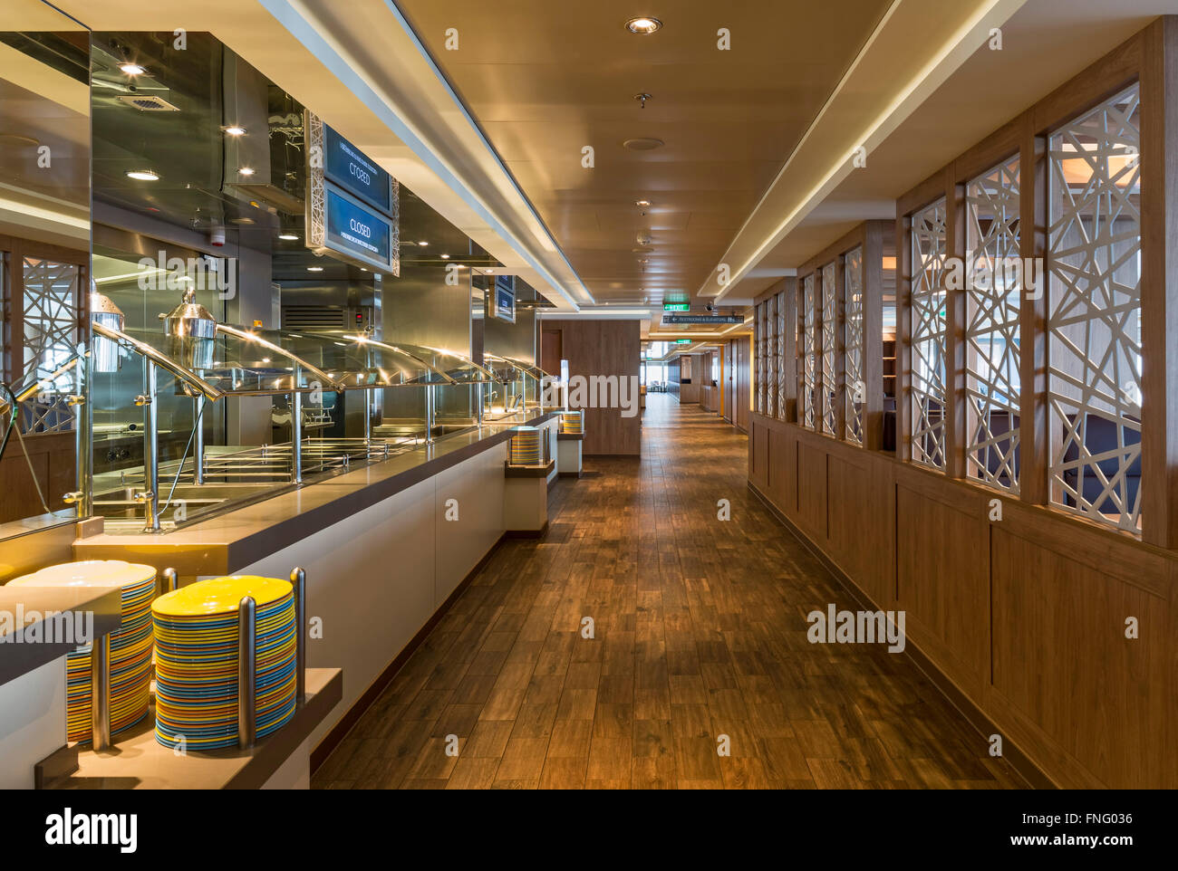 Servery for the cafeteria style restaurant. Norwegian Cruise Ship – The Escape, Southampton, United Kingdom. Architect: SMC Desi Stock Photo