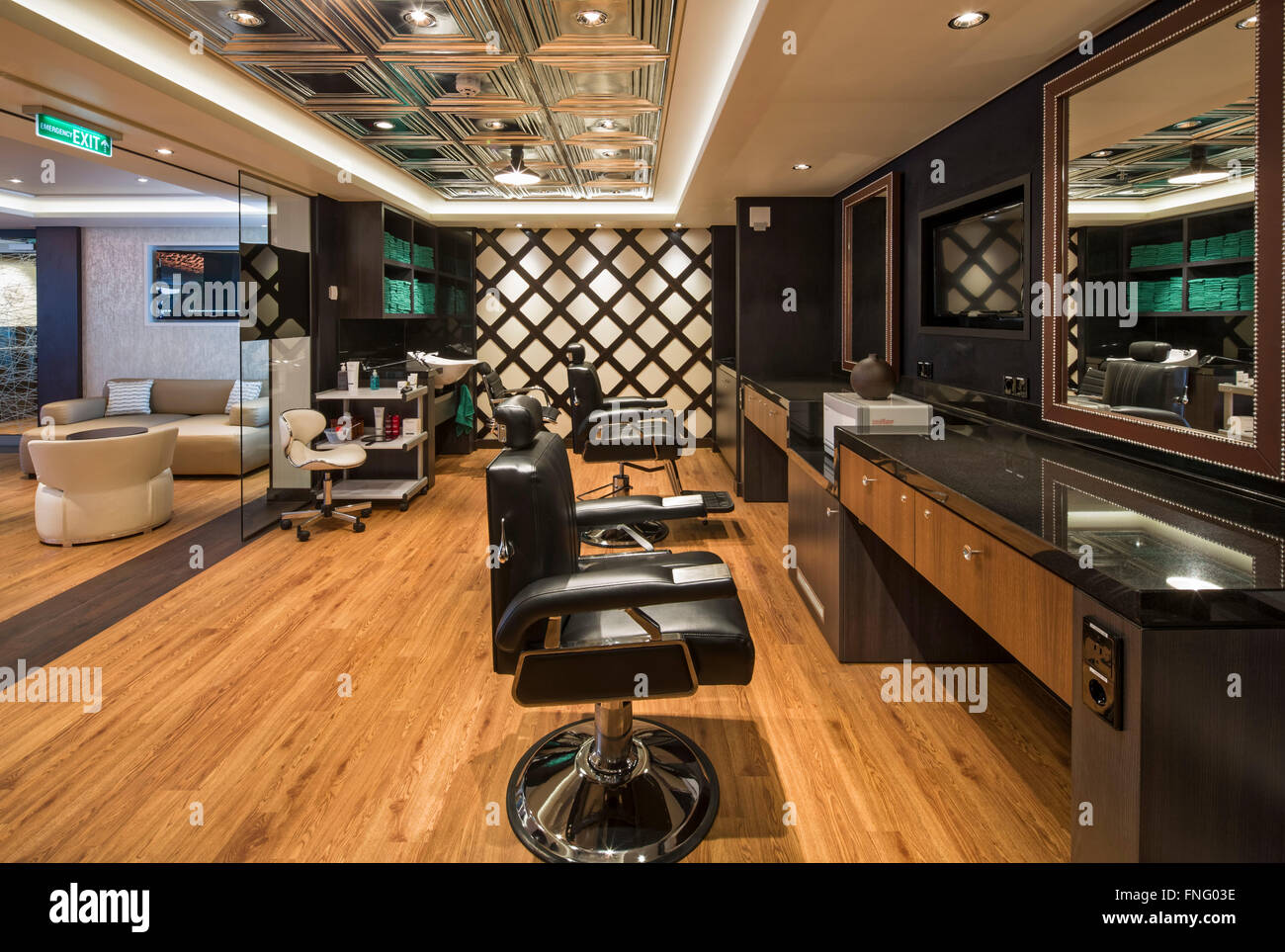 Men's hair salon. Norwegian Cruise Ship The Escape, Southampton