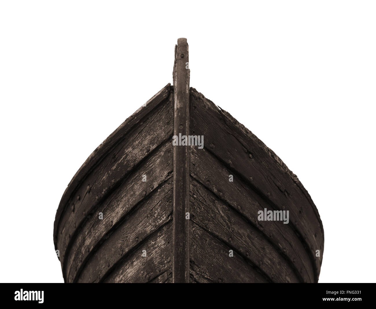 Front view of an old fishing wood boat with rusted nails isolated on