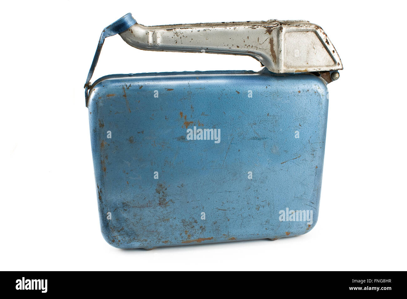 Old rusty  gasoline jerry can with lid  isolated on white Stock Photo